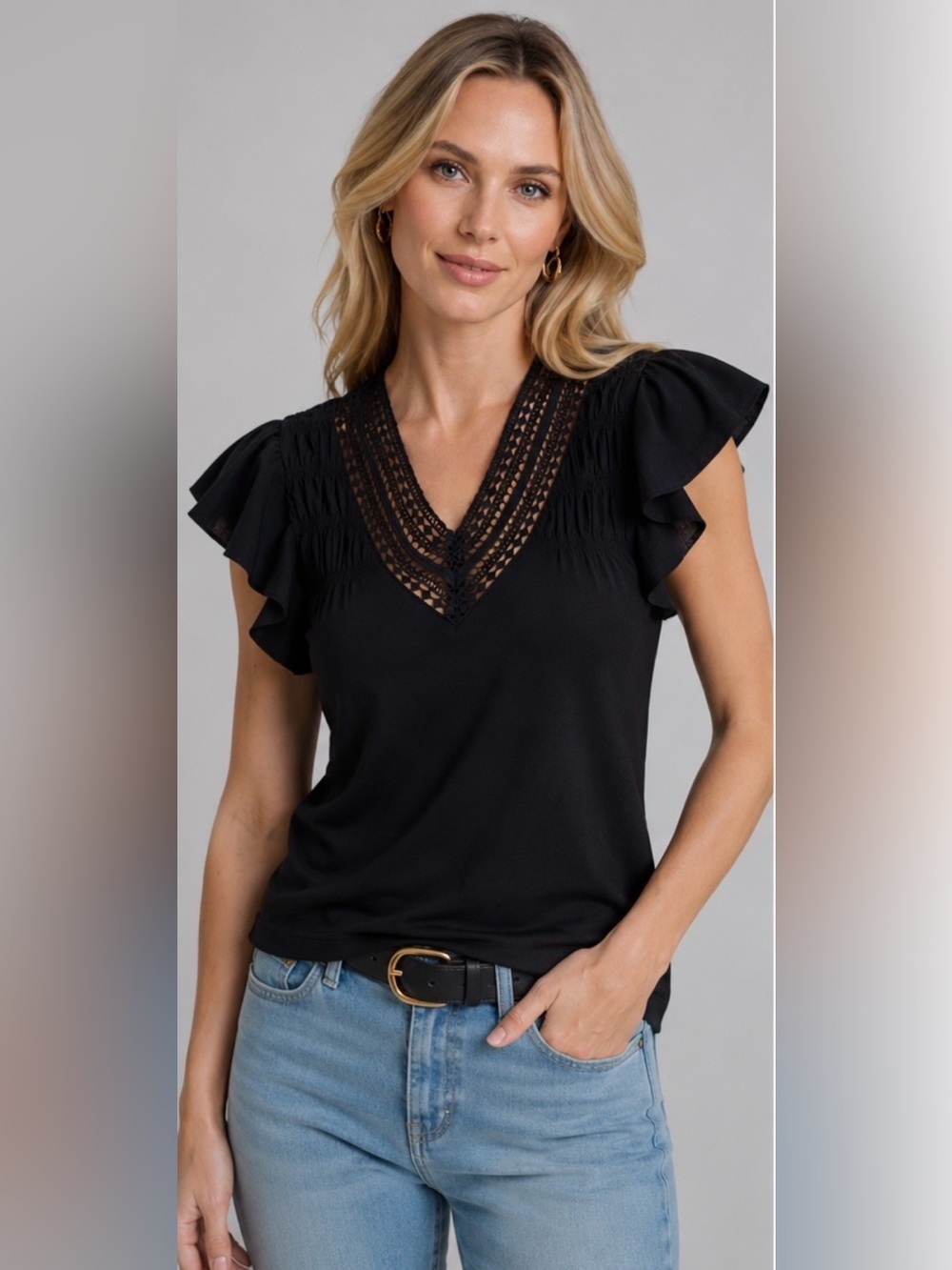 Ralph Lauren Black V-Neck Ruffle Sleeve Blouse Size 2X NWT